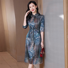 重磅真丝连衣裙女夏季2026新款拼接复古风印花显瘦真丝裙子，女装连衣裙，阿舍尔精品