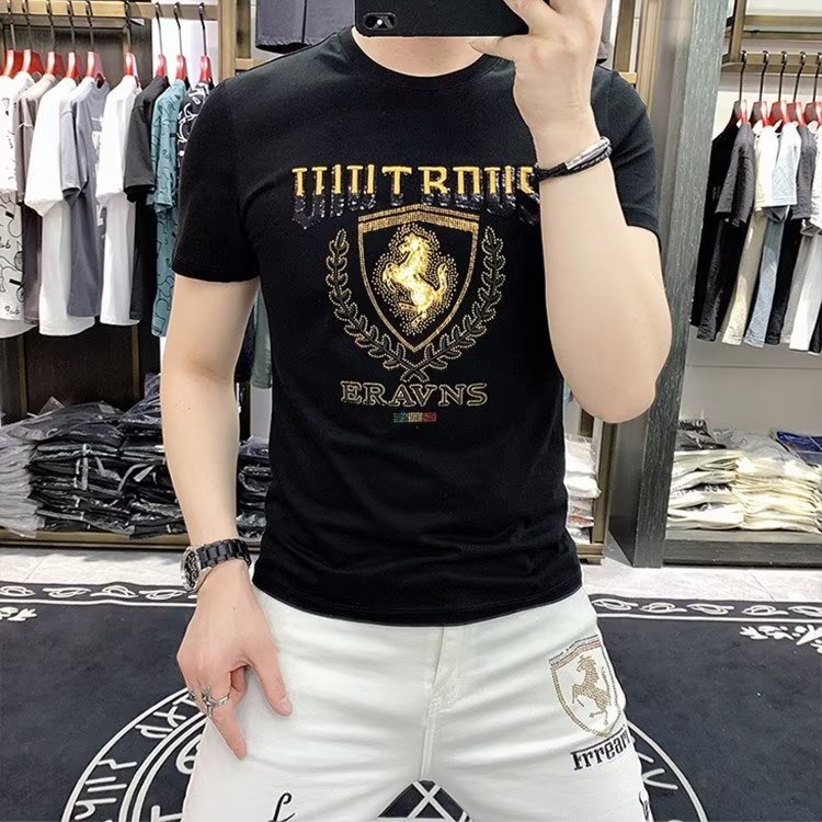 欧洲站夏季刺绣丝光棉短袖男t恤新款上衣修身圆领半袖男潮牌休闲,男装T恤,电商B212（原钱塘6029）