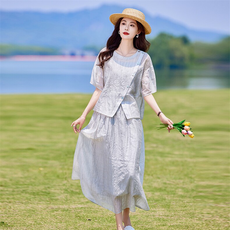 蓝色连衣裙套装女2025新款韩系夏日穿搭一整套短袖吊带裙子三件套,女装套装/套裙,靓衣阁