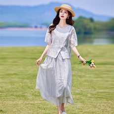 蓝色连衣裙套装女2025新款韩系夏日穿搭一整套短袖吊带裙子三件套，女装套装/套裙，靓衣阁