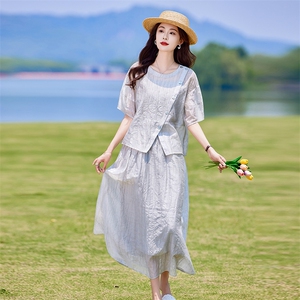 蓝色连衣裙套装女2025新款韩系夏日穿搭一整套短袖吊带裙子三件套图片