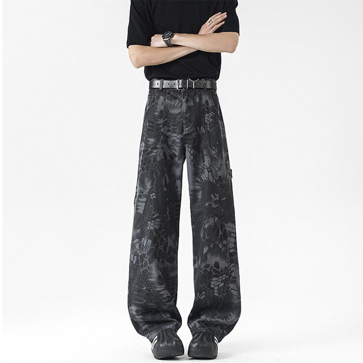 2025新款迷彩蛇纹伐木工装裤美式高街牛仔裤NK389P45控69，男装牛仔裤，星座712