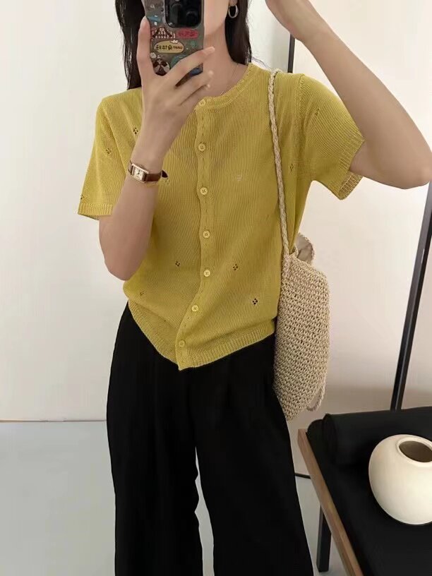 天丝亚麻短袖开衫镂空夏季圆领针织，女装针织衫/毛衣，天佑贝依