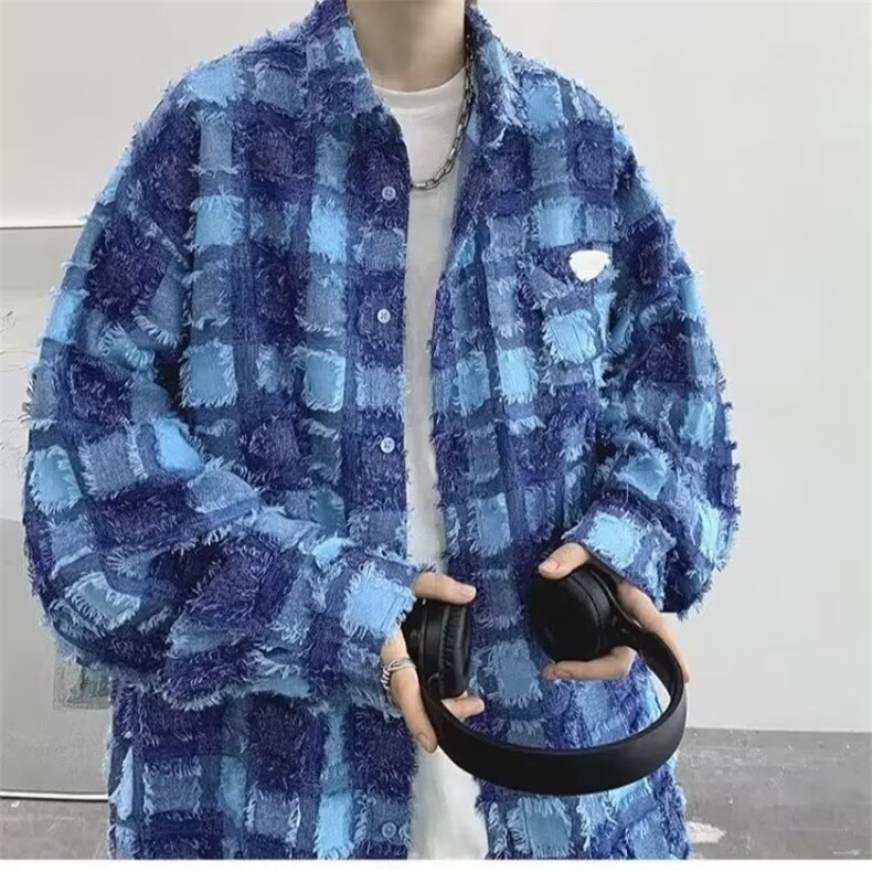 流苏格子长袖衬衫男磨毛设计感格纹翻领外套春秋潮牌痞帅情侣衬衣,男装衬衫,星座715-4