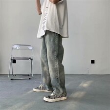 牛仔裤男潮流百搭ins港风复古裤子宽松潮牌痞帅直筒裤NK7076-P40，男装牛仔裤，星座1008-1