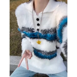 韩版水貂绒毛衣男冬季高级慵懒风设计款马海毛扎染撞色针织polo衫图片