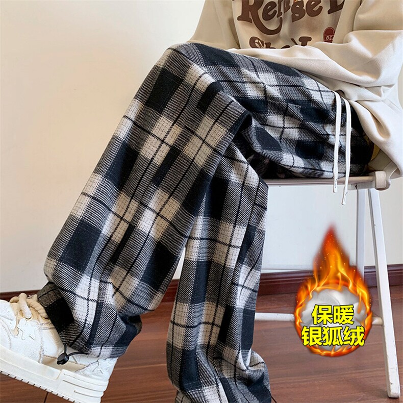 薄款改加绒特批P50无差价冬新银狐绒保暖格子阔腿裤男K1264J加绒图片