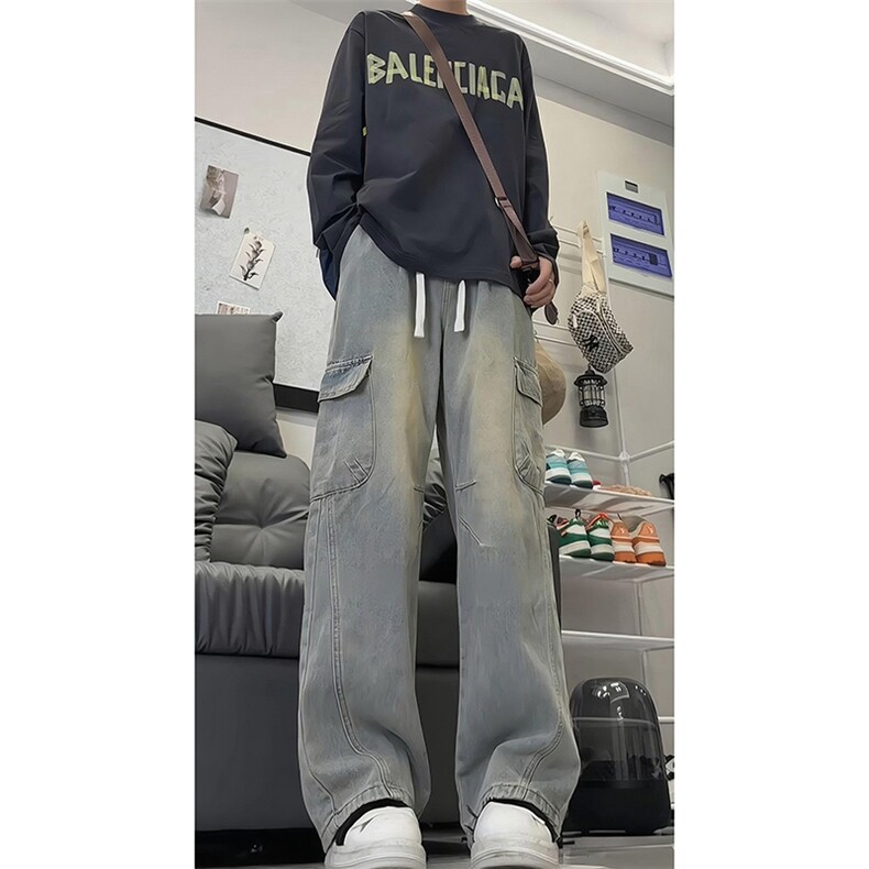 解构拼接弯刀牛仔裤男2025秋季新款美式阔腿裤子-A2221TP55,男装牛仔裤,电商B241
