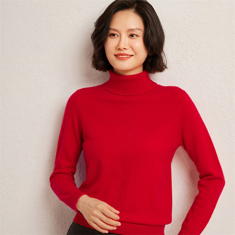 秋冬季35%羊绒65%羊毛休闲百搭12针高领中间绞花羊绒衫,女装羊绒衫,广悦羊绒
