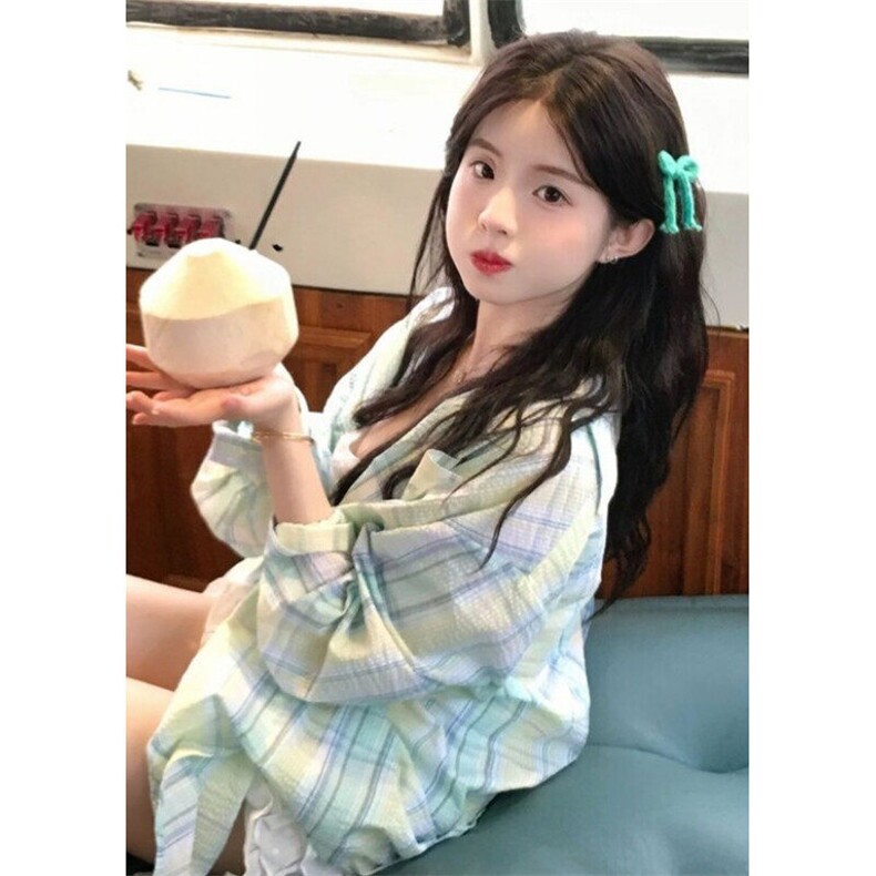薄荷绿格子衬衫女春秋季2025新款薄款防晒长袖polo领 CN253图片
