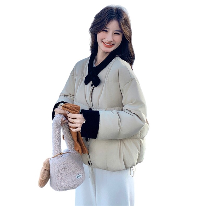 韩版撞色拼接羽绒服女短款冬季新款宽松显瘦面包服白鸭绒保暖外套,女装羽绒服,2C159