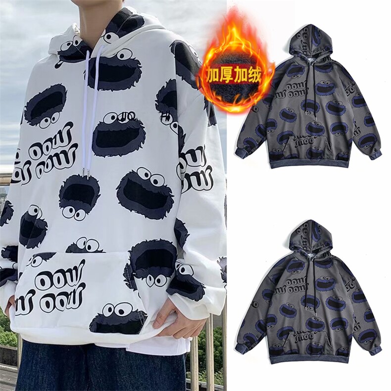 WY102情侣休闲鱼鳞印花连帽加绒保暖防寒卫衣外套套头冬班服个性图片