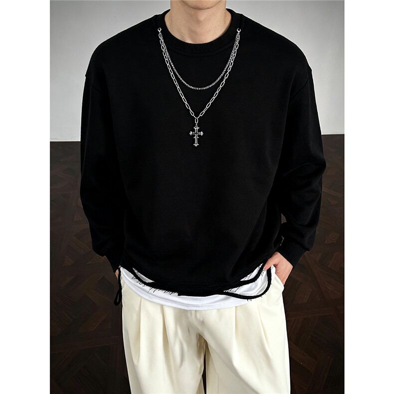 美式高阶潮  50棉拼色假两件破洞配项链ins圆领卫衣 CT03 P45图片