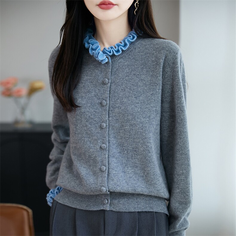 法式设计感撞色木耳边针织开衫女2025新款宽松显瘦洋气外套毛衣,针织衫/毛衣,端硕羊绒