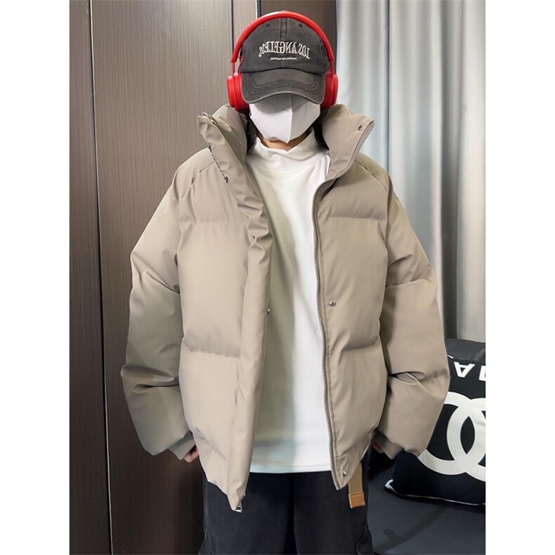 现货冬季三防重磅硬挺boxy短款羽绒刺绣立领PU皮棉衣外套加厚棉服，男装棉衣，电商A486-1