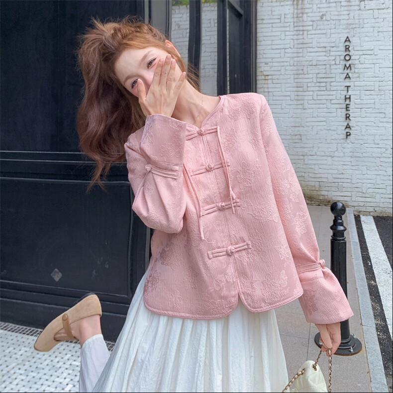 粉色新中式风盘扣开衫外套女2025春秋季新款高级感显瘦圆领上衣,女装短外套,2C087