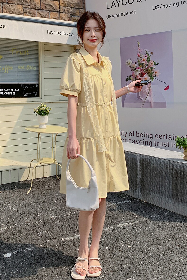 黄色蕾丝披肩法式连衣裙女2025夏季新款韩系收腰减龄小个子衬衫裙,女装连衣裙,浙宝220A