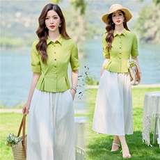 纯色短袖收腰版上衣白色半裙时尚搭配洋气套装女，女装套装/套裙，水衣源