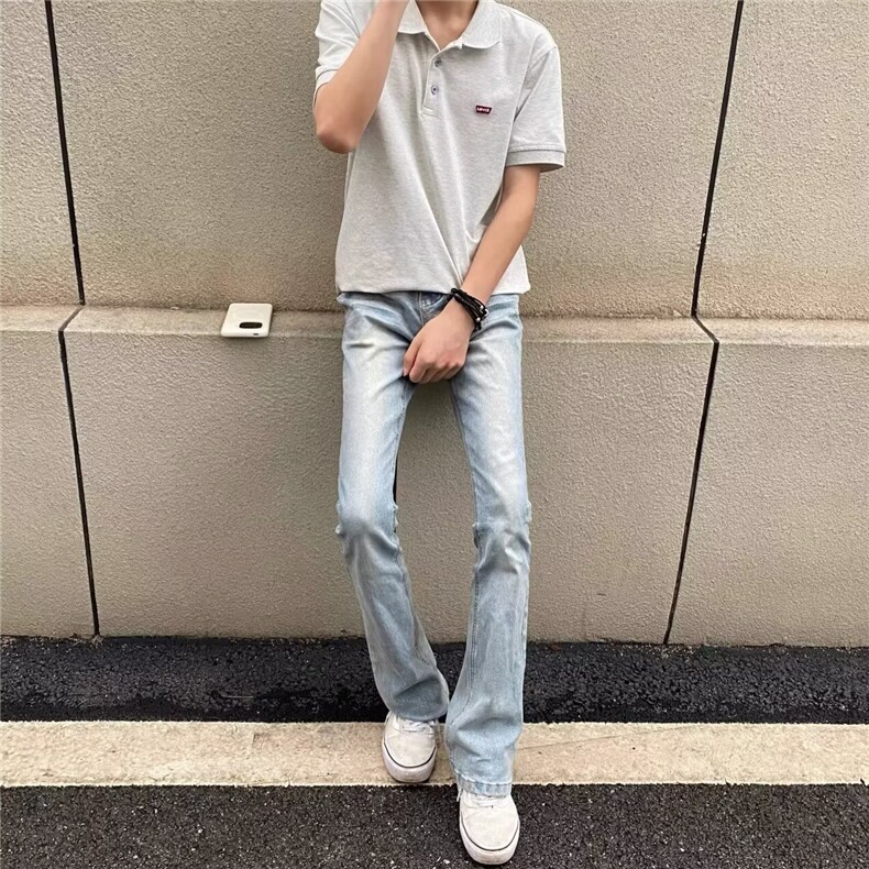美式高街vibe风水洗浅蓝Vintage517微喇弹力修身纪璇同款牛仔裤男,男装牛仔裤,星座506A