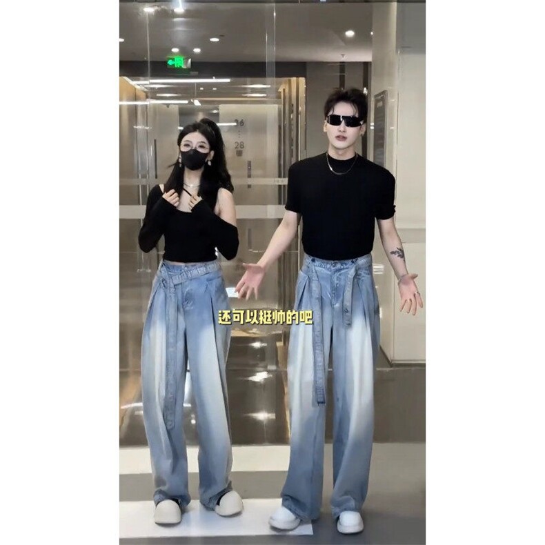 W9902-P53网图现货美式渐变水洗腰带牛仔裤潮牌宽松弯刀休闲裤,男装牛仔裤,星座1608-2