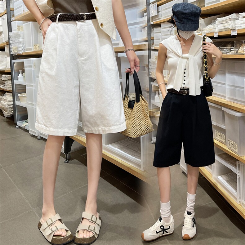 老钱风棉麻休闲短裤女夏新款白色裤子高腰显瘦直筒A字阔腿五分裤，女装短裤/热裤，梦白服饰厂
