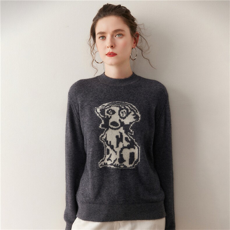 2025年秋季套头加厚宽松型提花圆领羊绒衫时尚百搭通勤，女装针织衫/毛衣，广悦羊绒