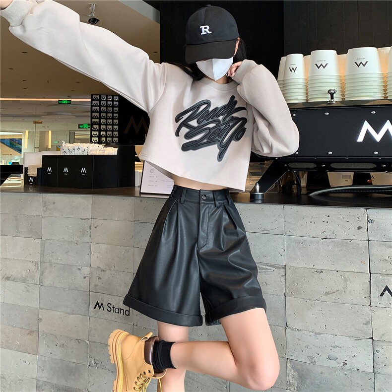 2024皮短裤女秋冬pu韩版皮裤a字高腰阔腿五分裤宽松显瘦直筒中裤,女装短裤/热裤,梦白服饰厂