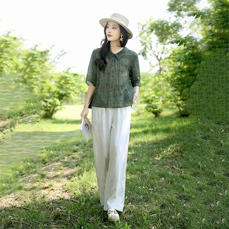 25年春款中古不规则碎花斜盘扣襟宽松长袖衬衫上衣M039,女装套装/套裙,凝聚力