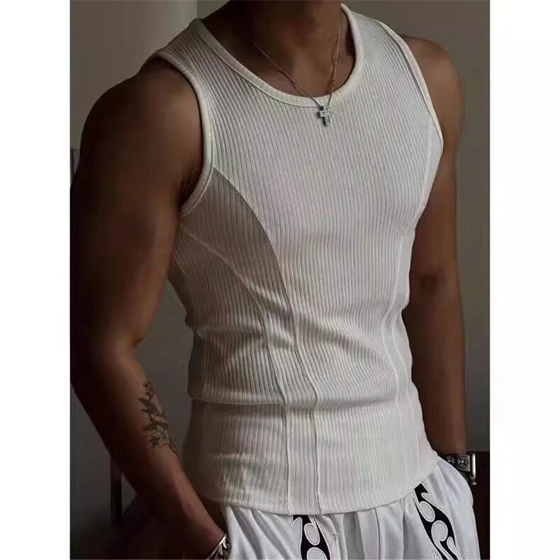 美式背心男修身夏季螺纹竖条纹紧身弹力拼接健身圆领坎肩无袖背心，男装背心/马甲，星座506A