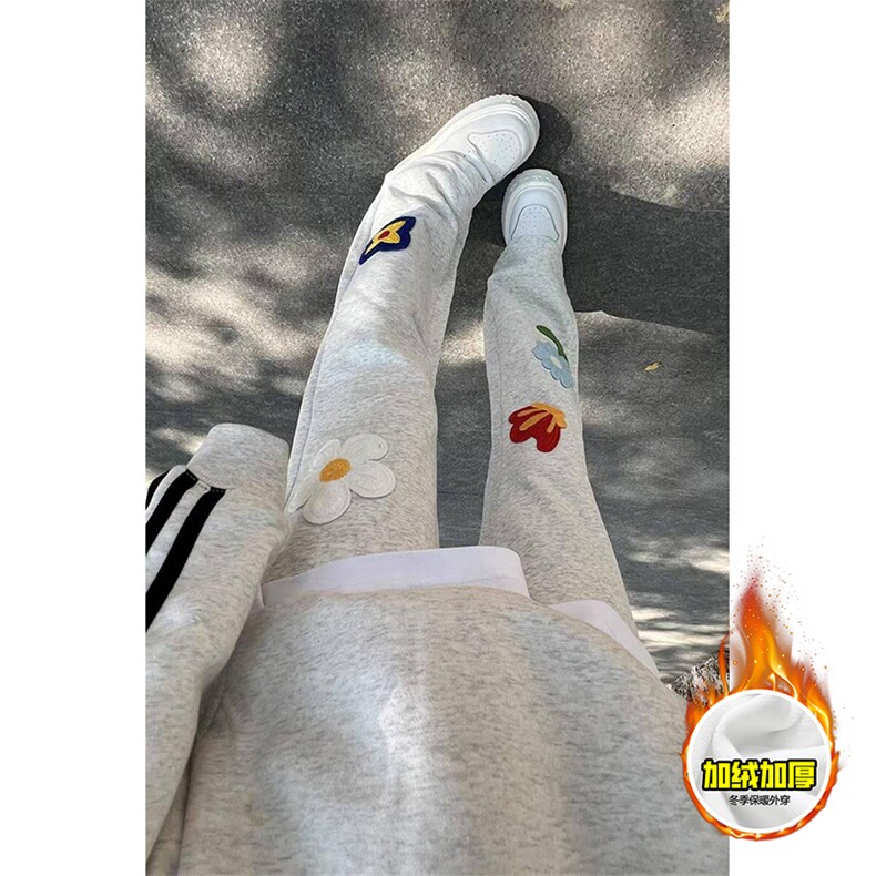 抖音得物高品质秋冬季重磅花卉刺绣潮流运动宽松加绒直筒休闲卫裤，男装休闲裤，电商A486-1