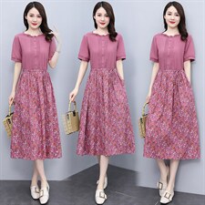 高档棉麻连衣裙女2022夏季新款修身显瘦洋气减龄印花拼接短袖裙子，女装连衣裙，香水丽阁