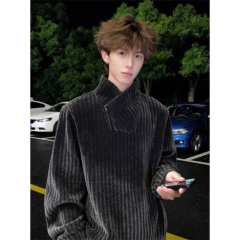 鱼骨纹斜领拉链卫衣男加绒打底衫XZ514-2-HWY69-常规P23加绒P28，男装T恤，星座514-2(原B239)