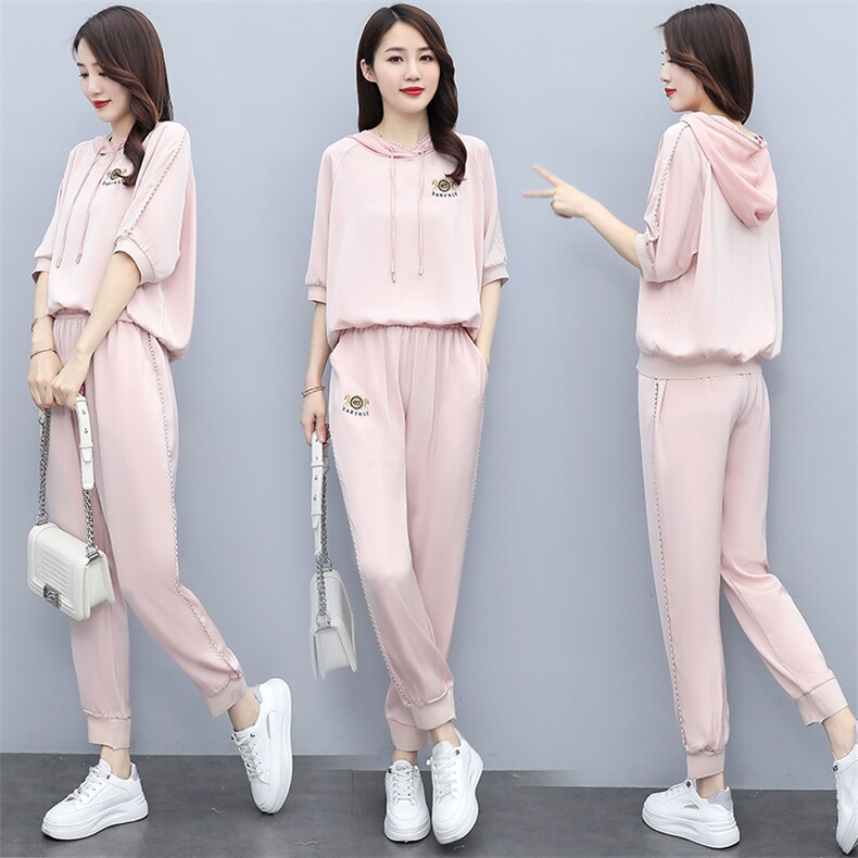 冰丝休闲运动套装女夏季2025新款时尚醋酸连帽气质高端洋气两件套，女装套装/套裙，奕薇雅