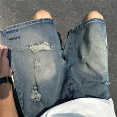 潮牌设计感拼接牛仔短裤男夏蓝宽松马裤休闲五分裤中裤RK2913-P38，男装牛仔裤，星座412-3
