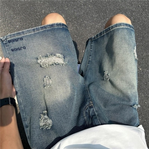 潮牌设计感拼接牛仔短裤男夏蓝宽松马裤休闲五分裤中裤RK2913-P38图片