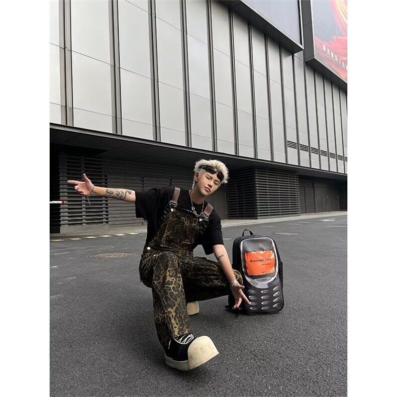 2024美式豹纹牛仔背带裤直筒长裤潮W065P73,男装休闲裤,星座1116-2