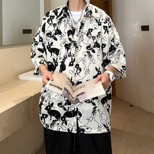 春夏宽松兔子印花男女情侣短袖休闲衬衫 A071-C61-P38图片