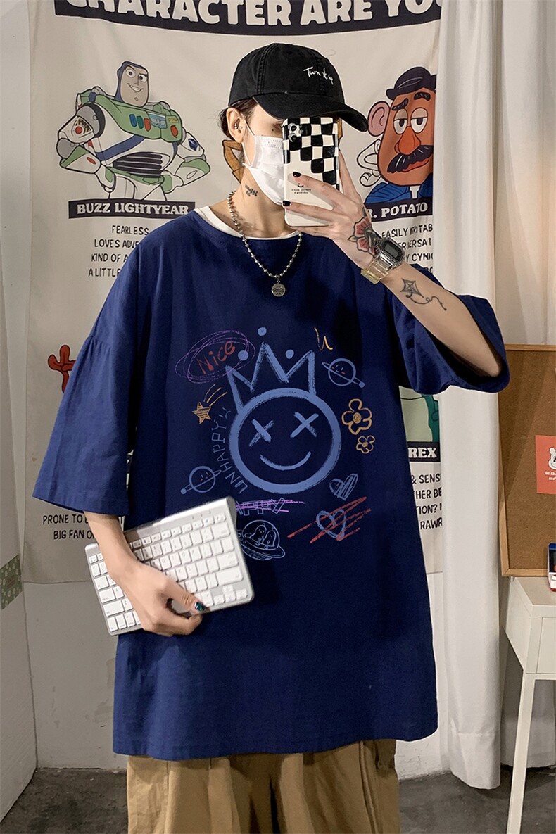 YT26180-P30亚麻短袖t恤男大码五分袖男宽松七分袖海报风,男装T恤,电商A040