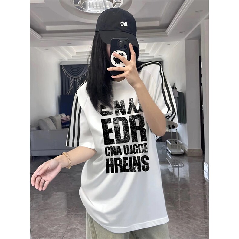 抖音得物高品质二开240克宽松纯棉美式潮牌三条杠织带短袖T恤,男装T恤,电商A486