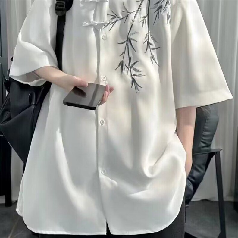 潮翻领免烫青少年标准新中式风裤子男士夏季薄款冰丝五分袖纯色,男装衬衫,星座506A