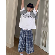 复古撞色格子七分裤男女宽松休闲百搭夏季直筒阔腿短裤KZ151，男装牛仔裤，星座1116A（原606A-3）