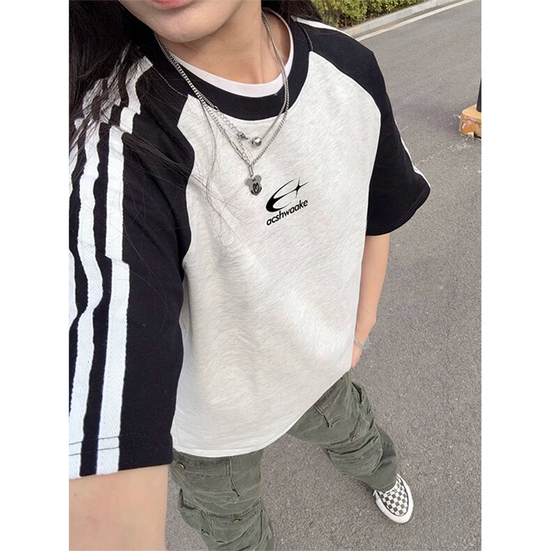 抖音得物品质二开240克宽松纯棉美式潮牌插肩三杠织带短袖T恤图片