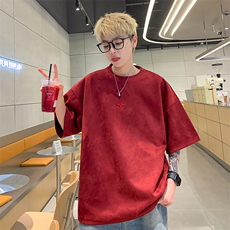 港风大码水洗麂皮绒刺绣套头圆领短袖T恤男潮XZ213-T065-P35控48，男装T恤，星座213