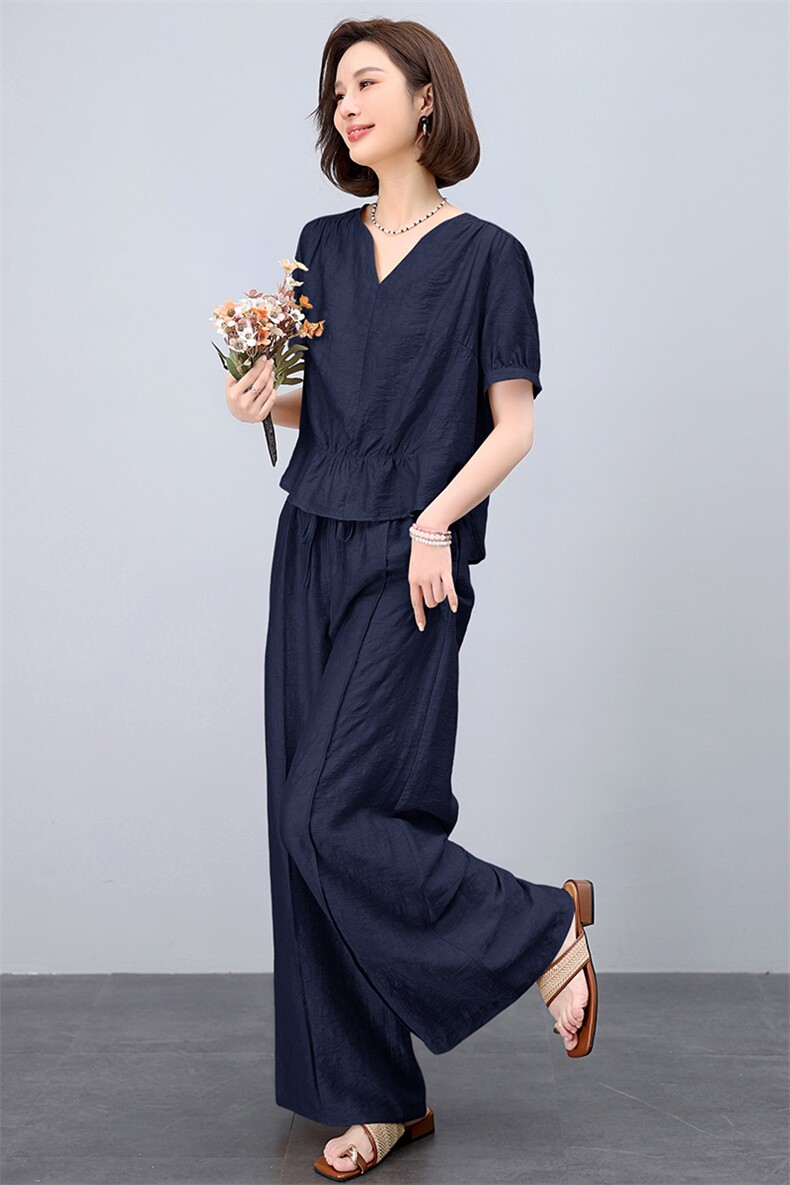 天丝亚麻套装女夏季薄款2026新款妈妈阔腿长裤气质休闲时尚两件套,女装套装/套裙,曼沙奕珂