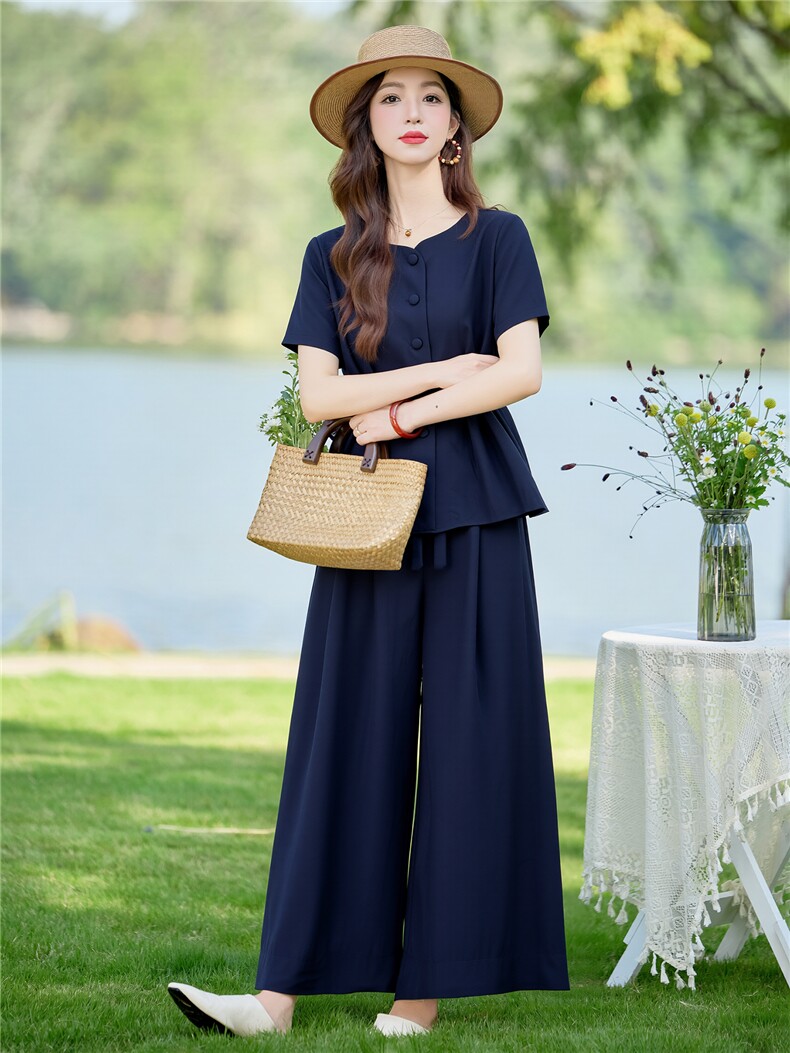 棉麻休闲套装女2026夏装新款时尚洋气收腰显瘦阔腿裙裤两件套,女装套装/套裙,水衣源