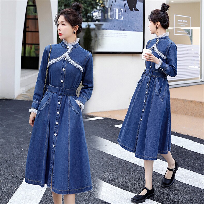 时尚显瘦牛仔连衣裙女长袖修身气质淑女风裙子，女装连衣裙，秋水欣儿