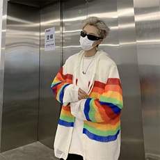 多巴胺条纹镂空针织开衫男潮牌宽松连帽长袖T恤上衣B6022/P50，男装T恤，星座506