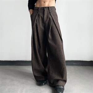 老钱风千鸟格A字打褶西裤男垂感抗皱微喇裤子直筒阔腿裤CAH918，男装西裤，星座516A