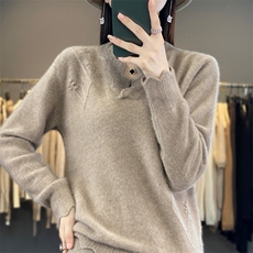 秋冬新款100%纯羊绒衫女V领花边宽松长袖提花时尚羊毛针织打底衫，女装羊毛衫，迅太羊绒