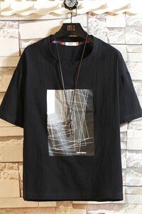 2021夏季新日系大码男白砖墙印花棉麻短袖亚麻风T恤T195-P30图片